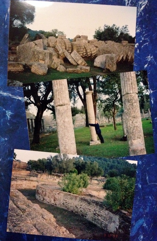 Ancient Olympia: top - fallen column from Temple of Zeus; middle - hugging a column in the Palaestra; bottom - the Leonidian.