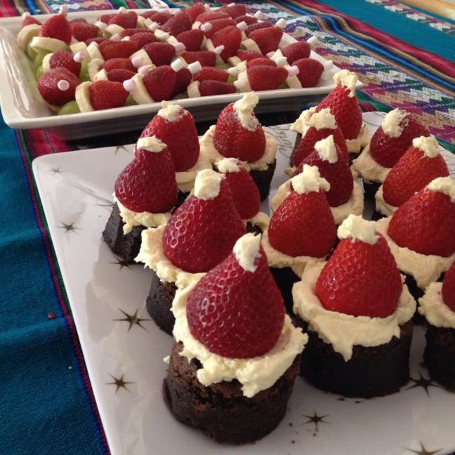 Santa brownies and fruit grinches